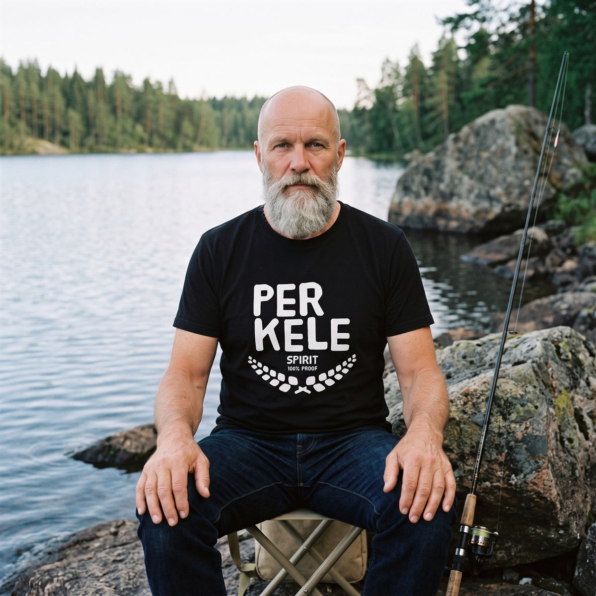 Perkele 100% Proof organic t-shirt in black, worn by Mikko fishing from a lakeshore, Very Finnish Problems