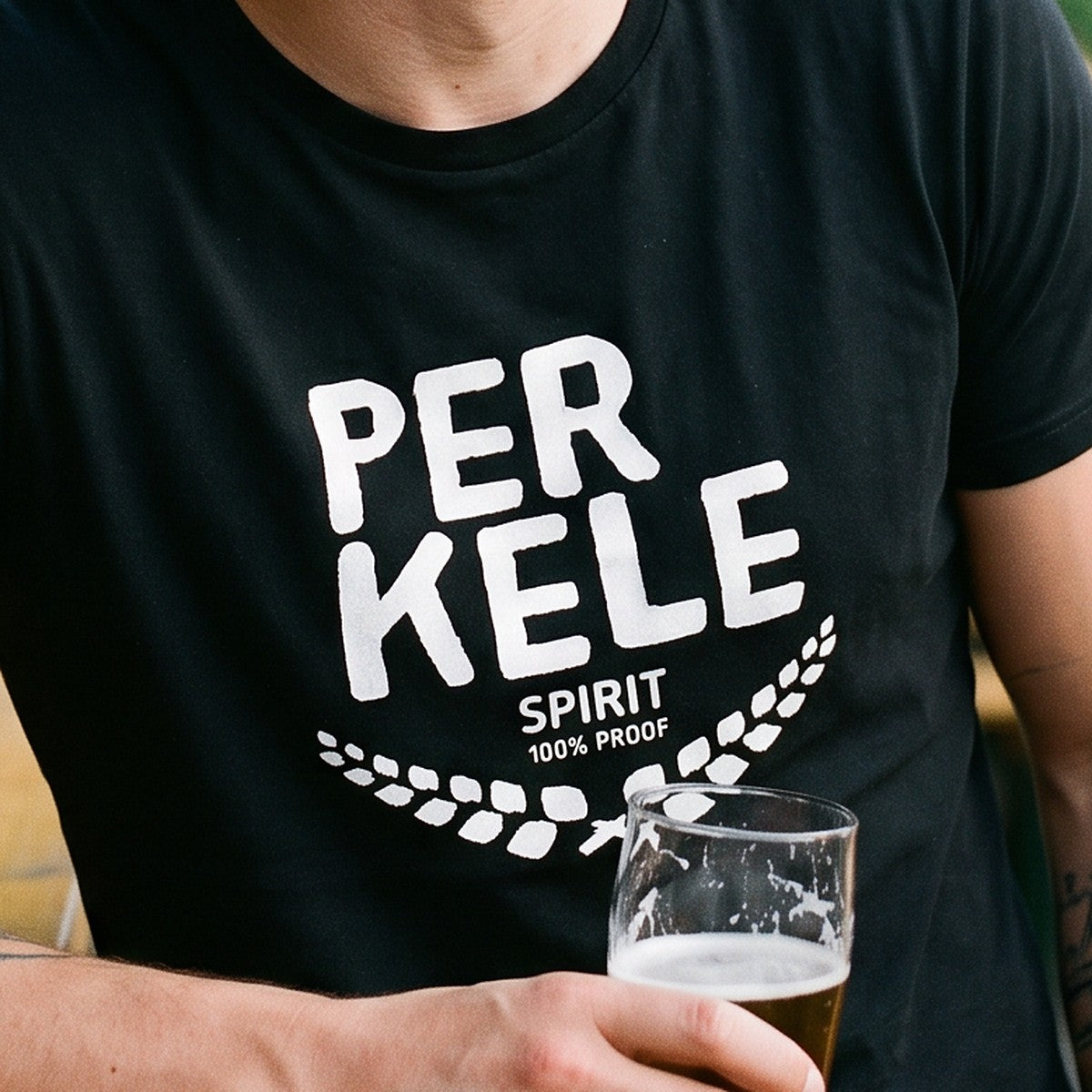 Close-up of the print on the black Perkele 100% Proof t-shirt, Very Finnish Problems