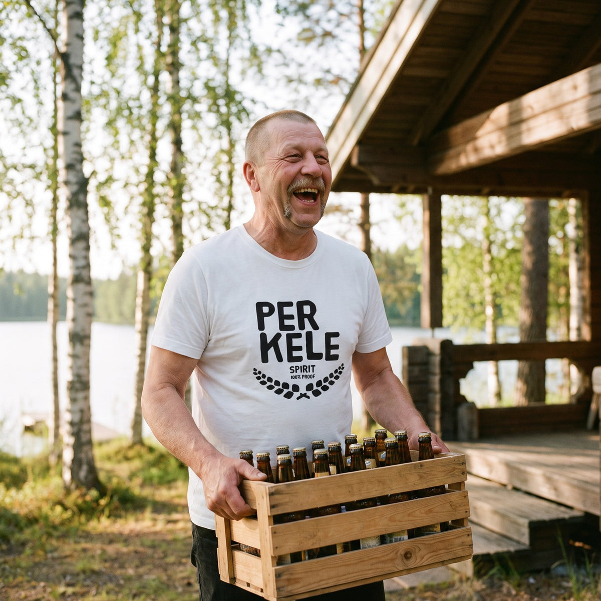 Perkele 100% Proof t-shirt in white, worn by Juha carrying a crate to the cottage, Very Finnish Problems
