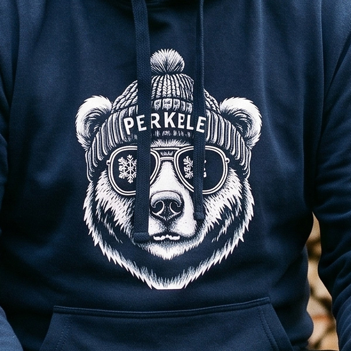 Close-up of the print on the navy blazer Perkele Bear hoodie, Very Finnish Problems