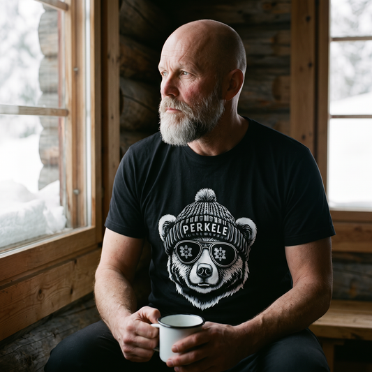 Perkele Bear t-shirt in black, worn by a man in a Finnish log cabin with snow outside the window, Very Finnish Problems