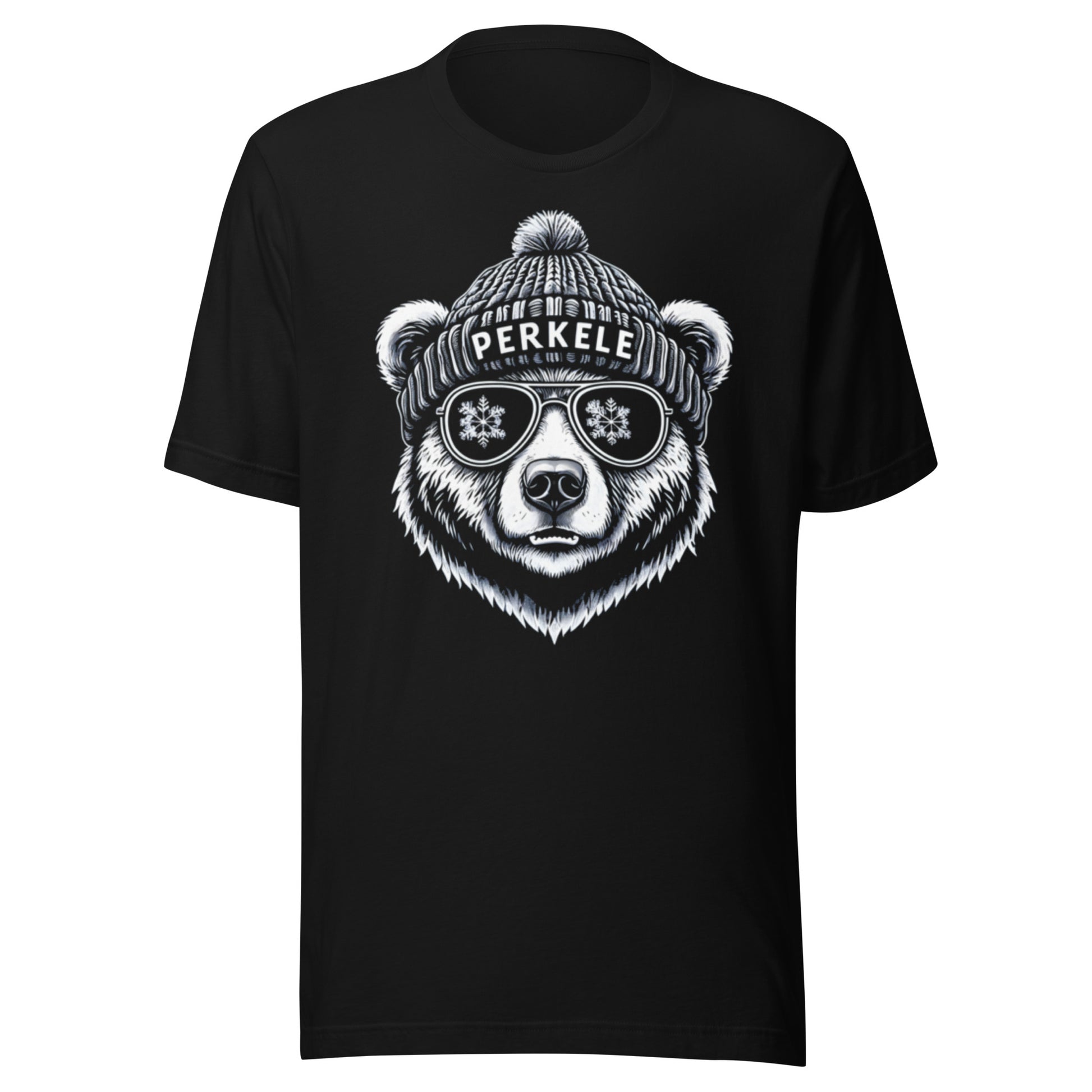 Perkele Bear t-shirt in black, flat front view showing the full chest print, Very Finnish Problems