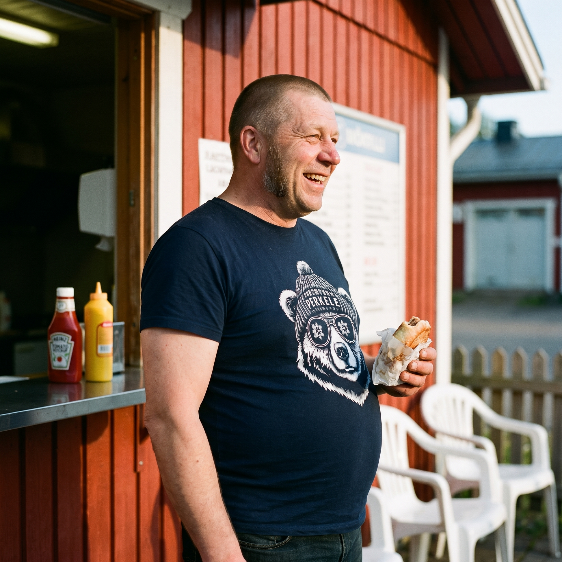 Perkele Bear t-shirt in navy, worn by a man laughing outside a Finnish grilli kiosk, Very Finnish Problems