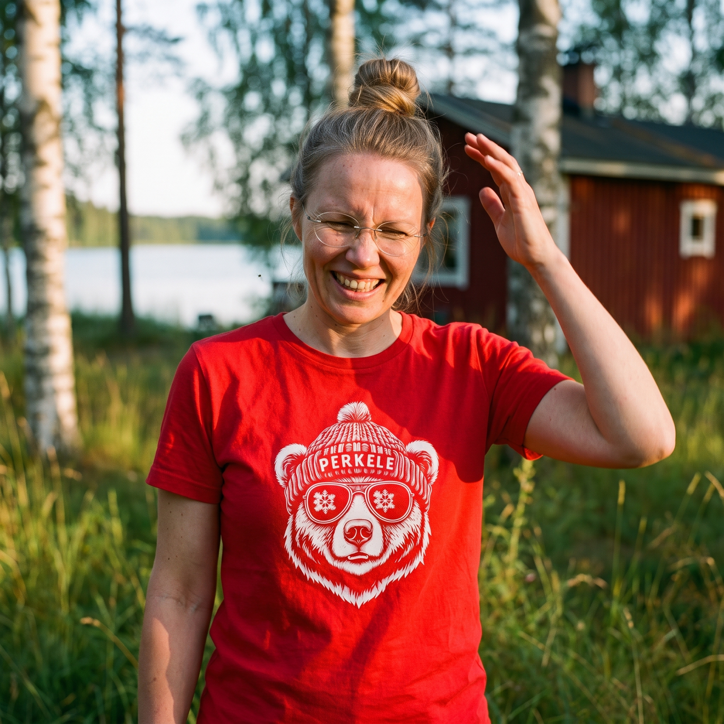 Perkele Bear t-shirt in red, worn by a woman swatting mosquitoes at a Finnish summer cottage, Very Finnish Problems