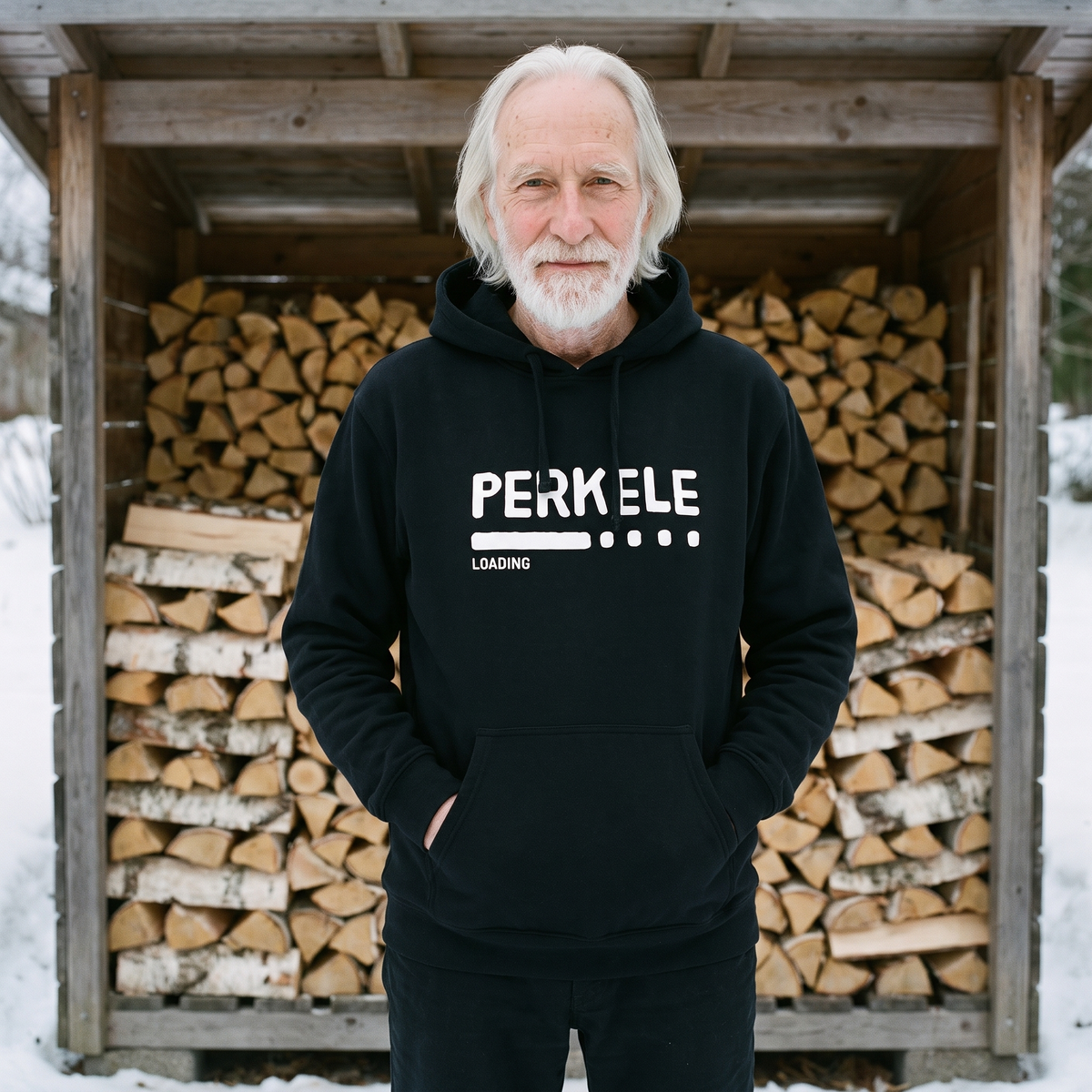 Perkele loading Finnish language hoodie in black, worn by Pertti stacking a woodpile, Very Finnish Problems