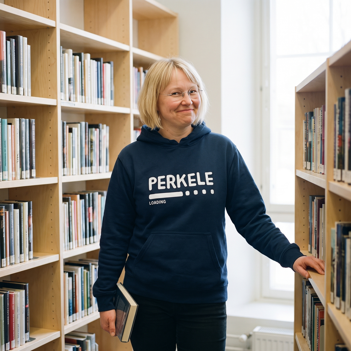 Perkele loading Finnish language hoodie in navy, worn by Marika in a Finnish library, Very Finnish Problems