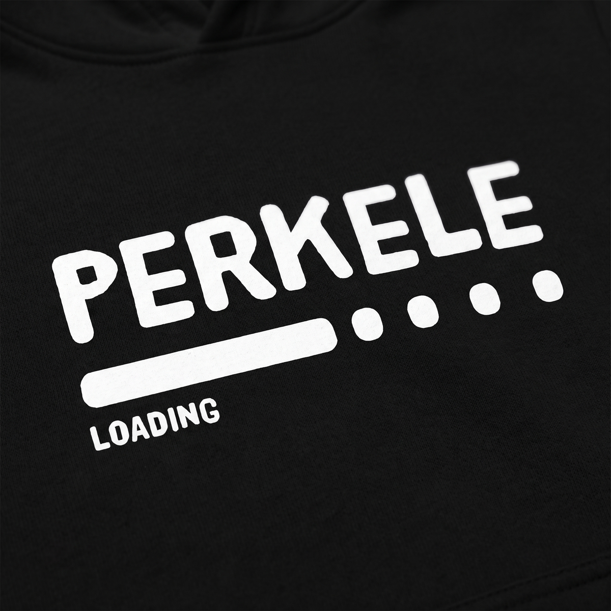 Close-up of the Perkele loading progress bar print on black hoodie fabric, Very Finnish Problems