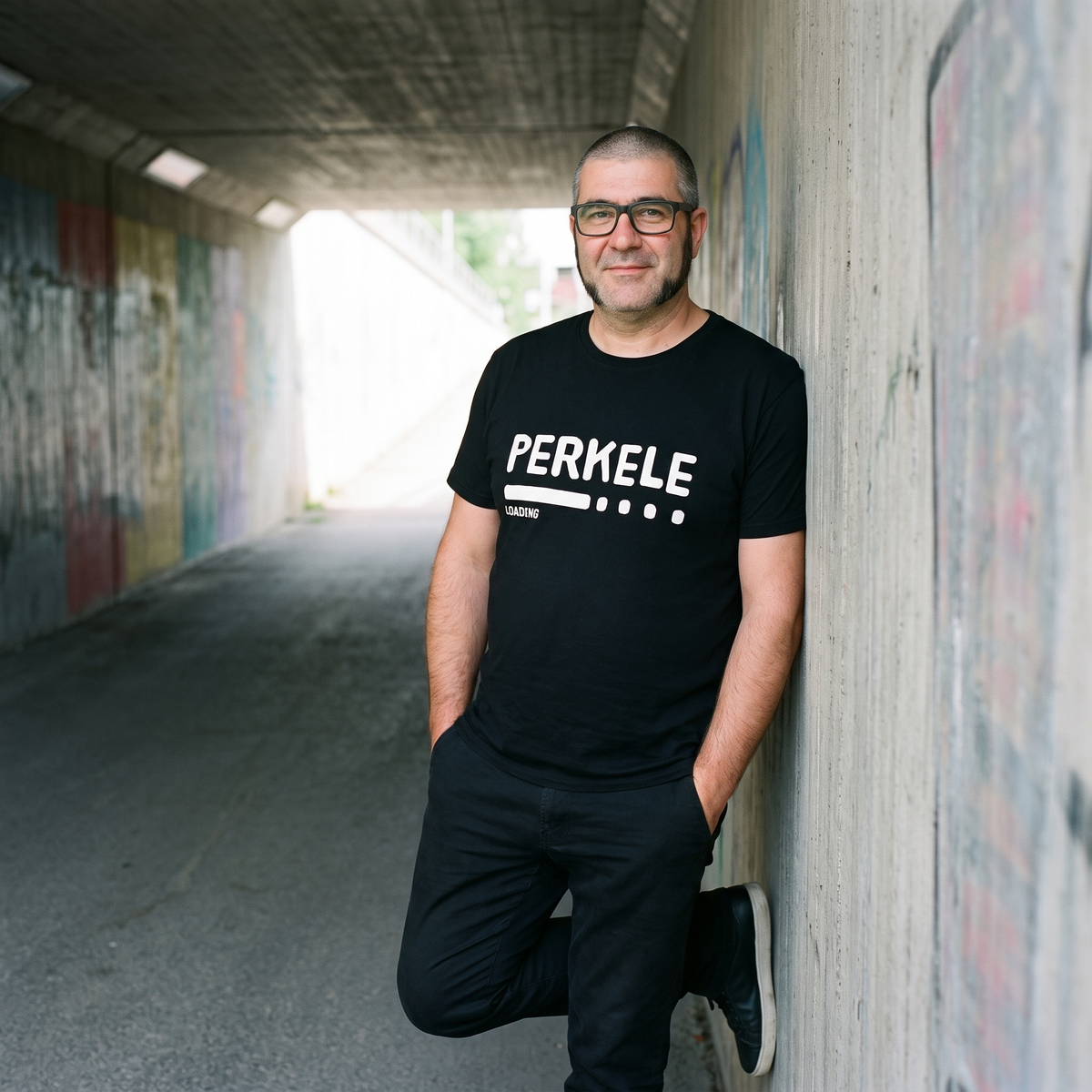 Perkele loading organic cotton t-shirt in black, worn by Jaska in a painted underpass, Very Finnish Problems