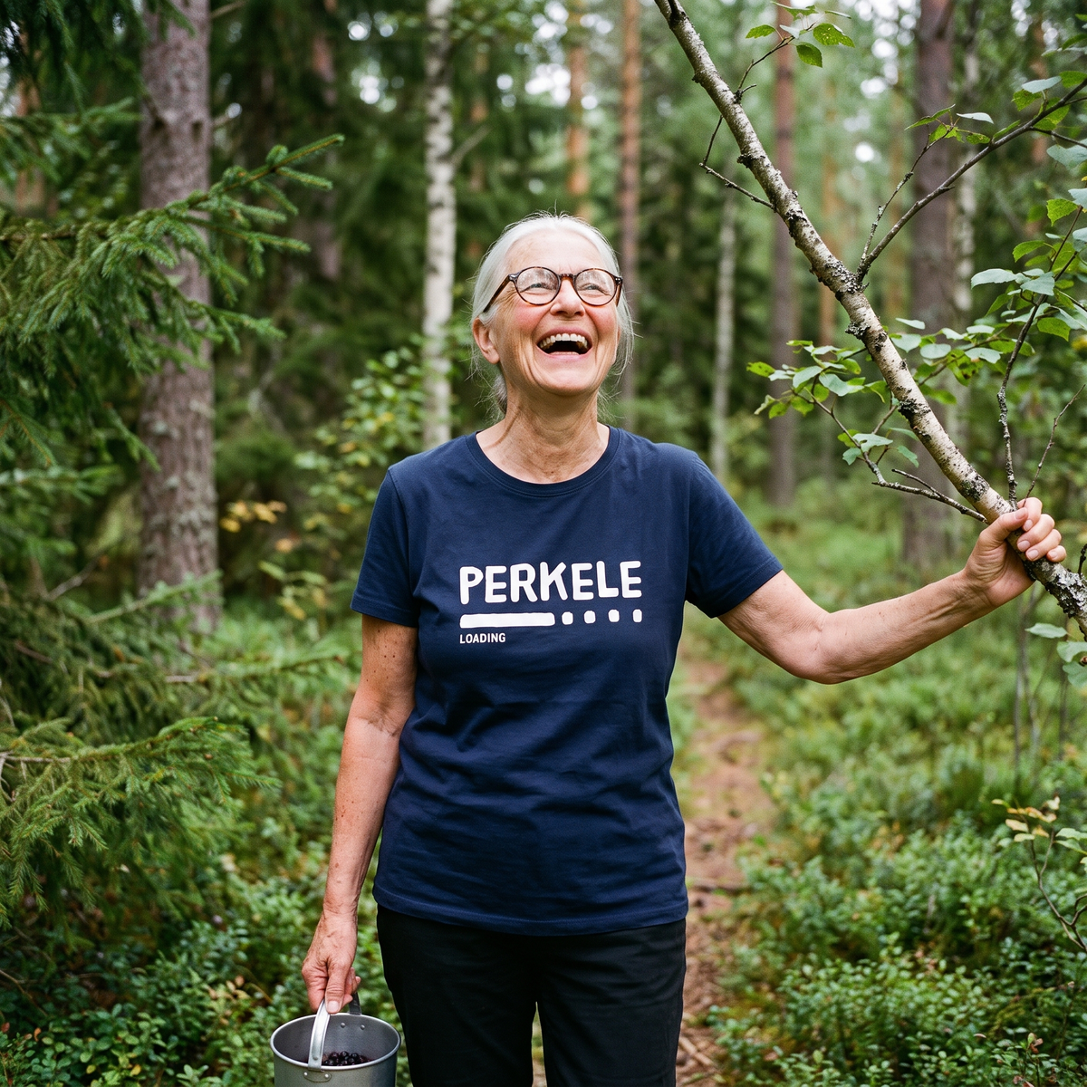 Perkele loading organic cotton t-shirt in French navy, worn by Raija on a forest path, Very Finnish Problems