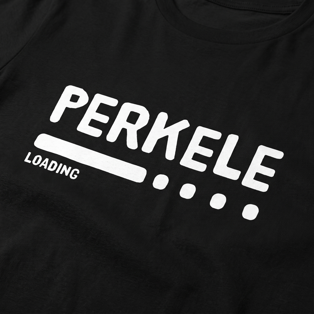 Close-up of the Perkele loading progress bar print on black organic cotton fabric, Very Finnish Problems