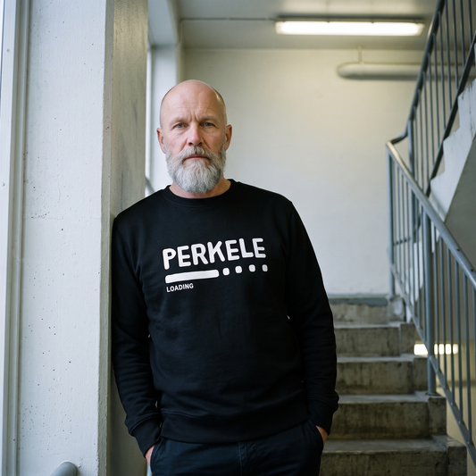 Perkele loading Finnish language sweatshirt in black, worn by Mikko in a stairwell, Very Finnish Problems