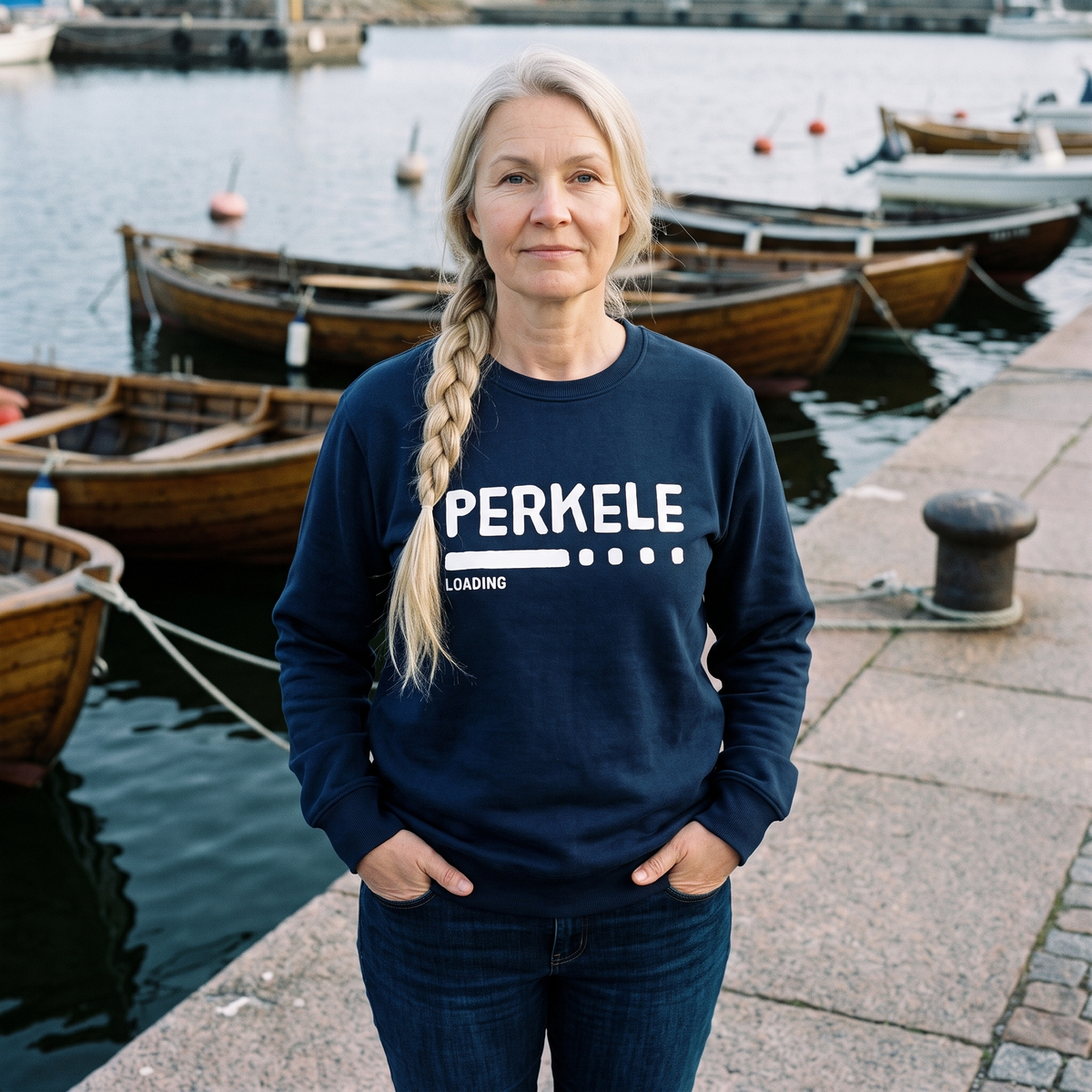 Perkele loading Finnish language sweatshirt in navy, worn by Anneli beside harbour rowing boats, Very Finnish Problems