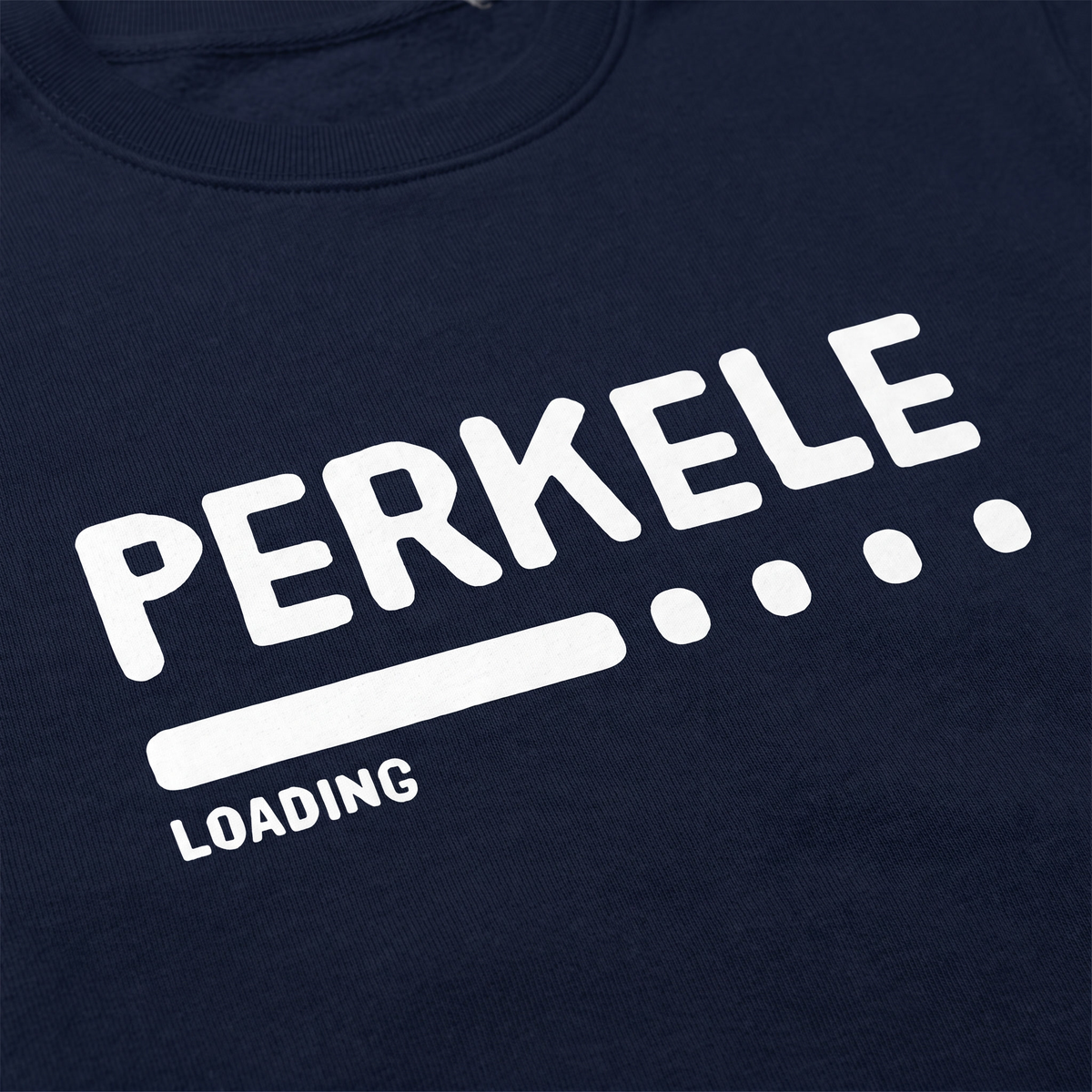 Close-up of the Perkele loading progress bar print on navy sweatshirt fabric, Very Finnish Problems