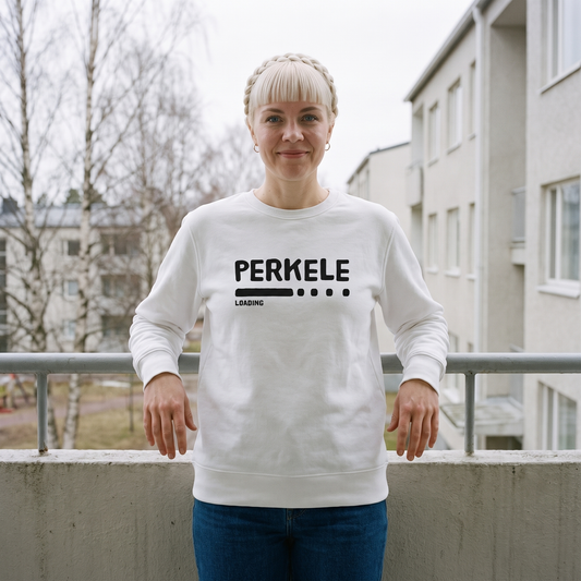 Perkele loading Finnish language sweatshirt in white, worn by Venla on an apartment balcony, Very Finnish Problems