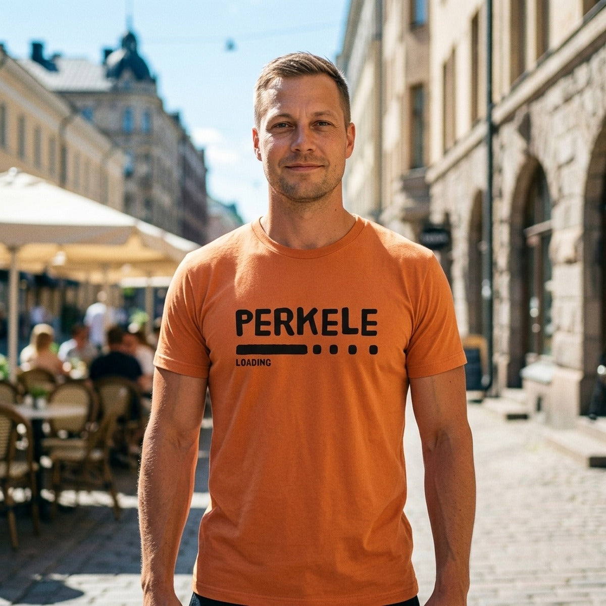 Perkele loading Finnish language t-shirt in burnt orange, worn on a sunny Helsinki street, Very Finnish Problems