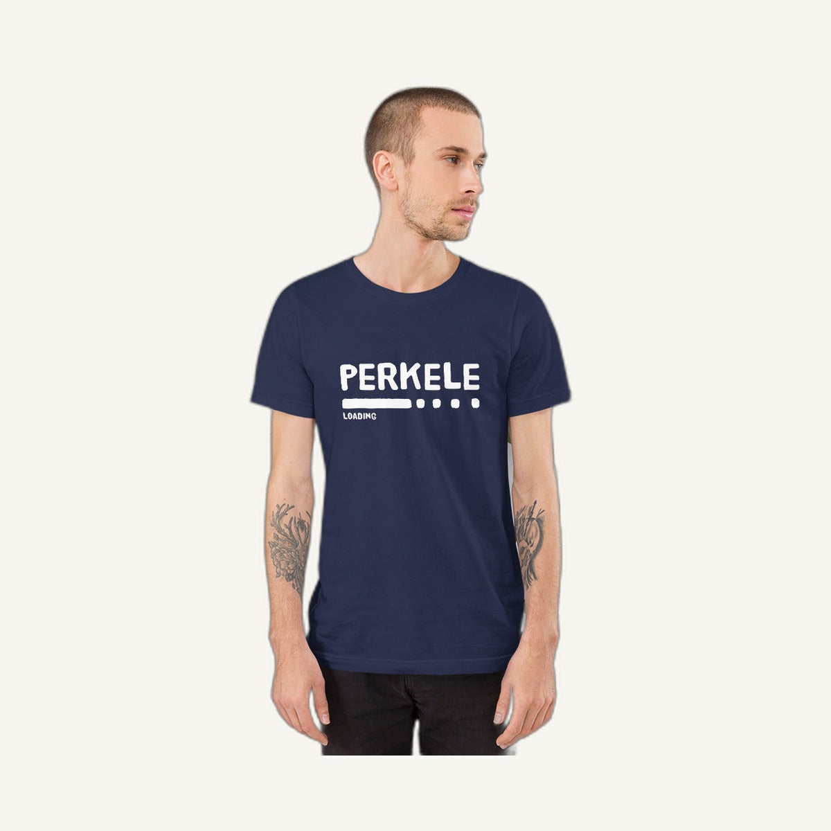 Perkele loading t-shirt in navy, flat front view showing the progress bar print, Very Finnish Problems
