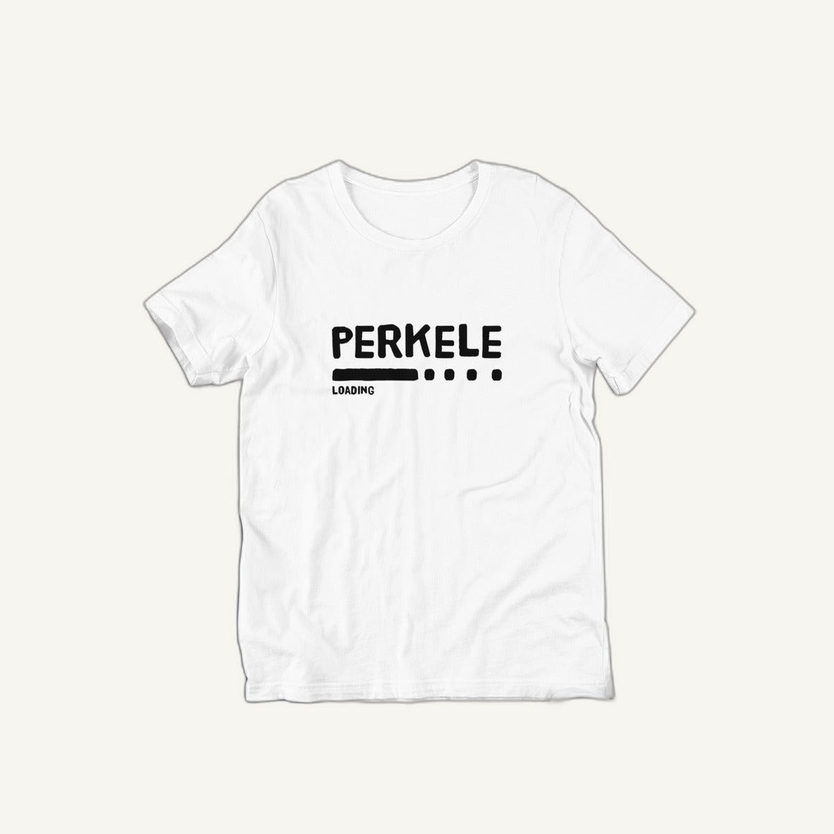 Perkele loading t-shirt in white, flat front view showing the progress bar print, Very Finnish Problems