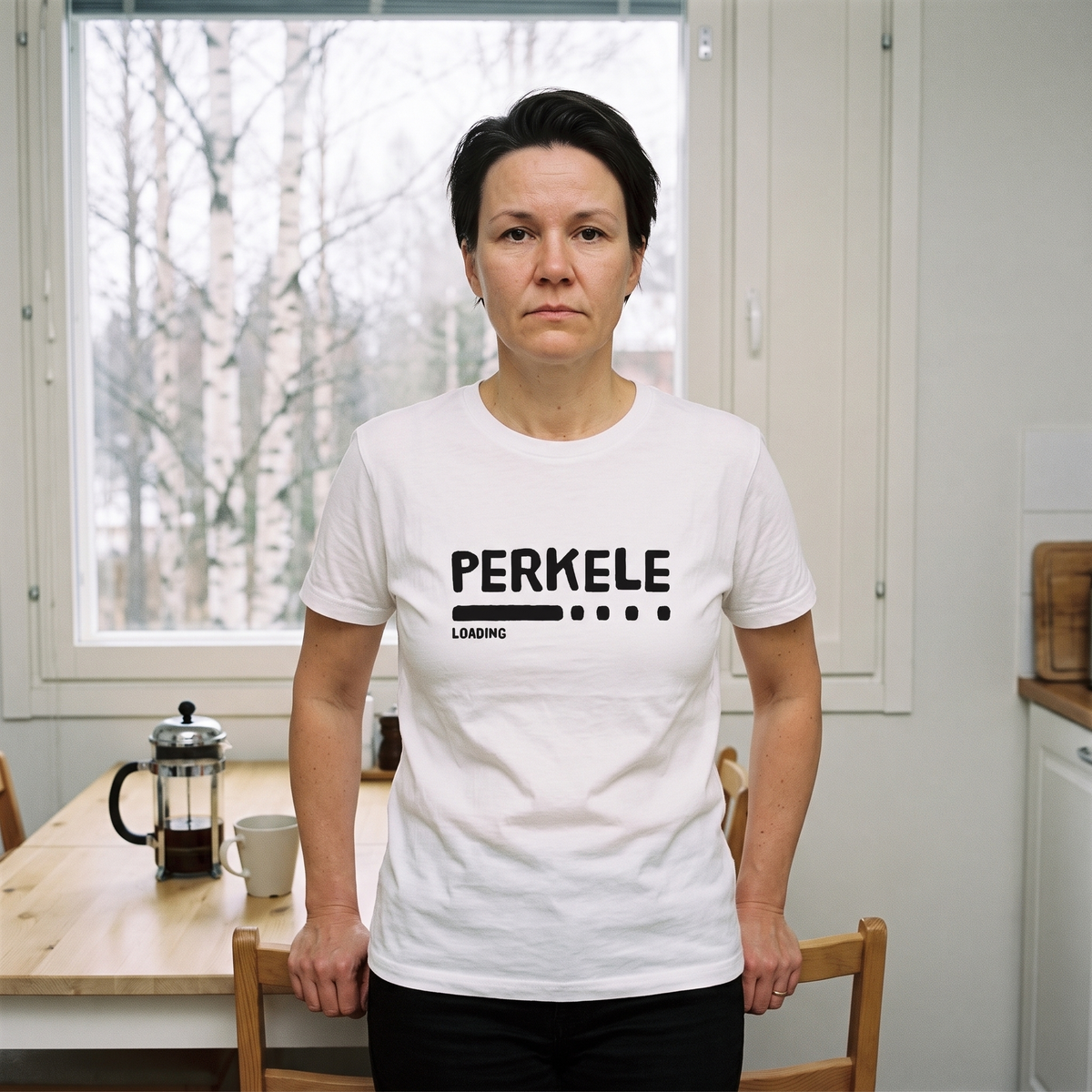Perkele loading Finnish language t-shirt in white, worn by Katja at a Finnish kitchen table, Very Finnish Problems