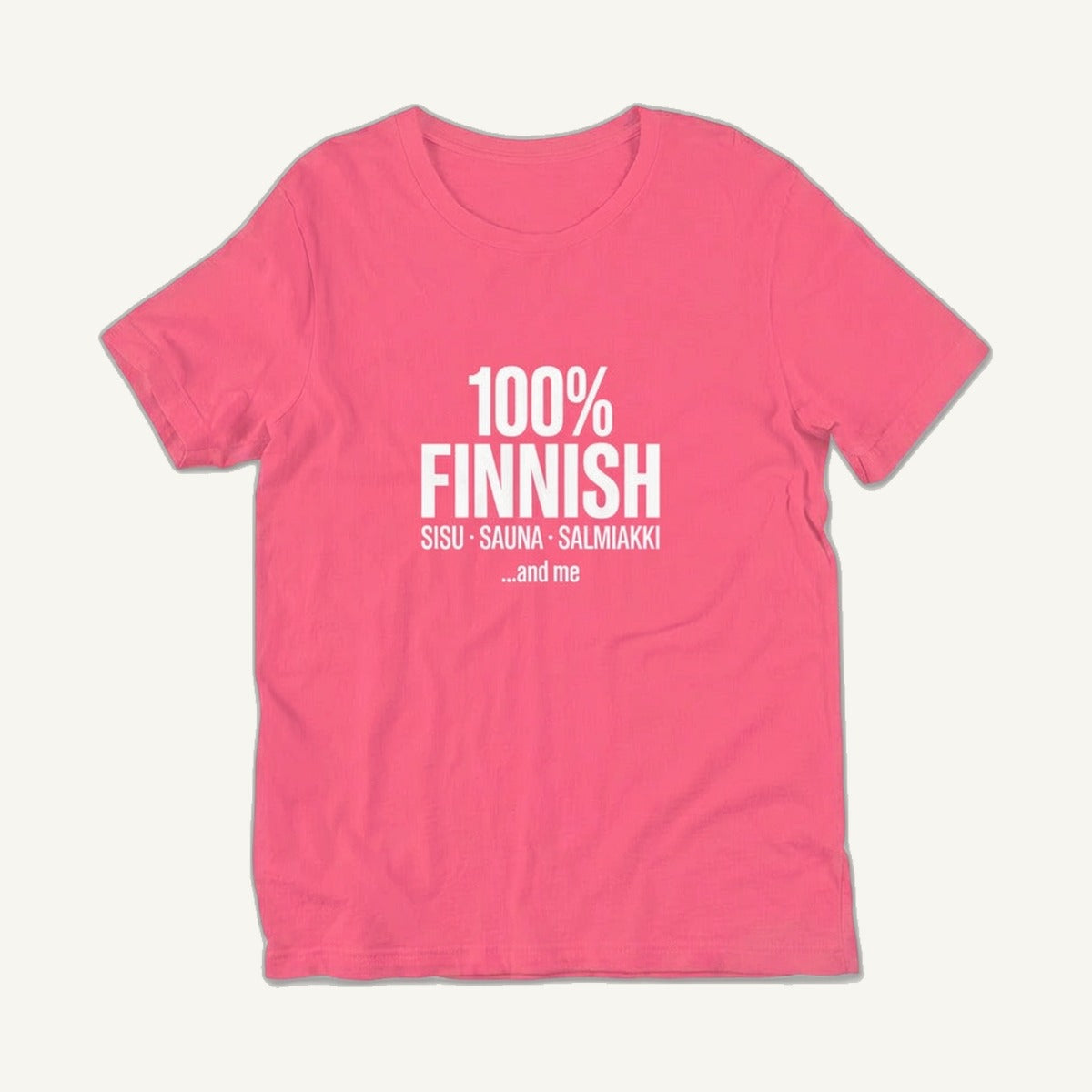 100% Finnish Sisu Sauna Salmiakki t-shirt in charity pink, front view