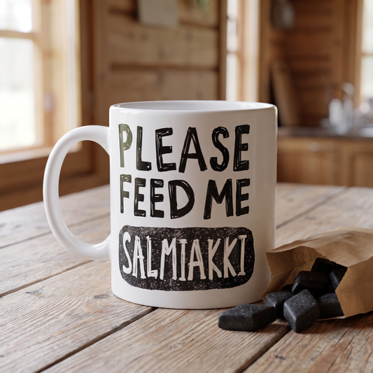 Please Feed Me Salmiakki mug on a summer cottage kitchen table beside a bag of salmiakki, Very Finnish Problems