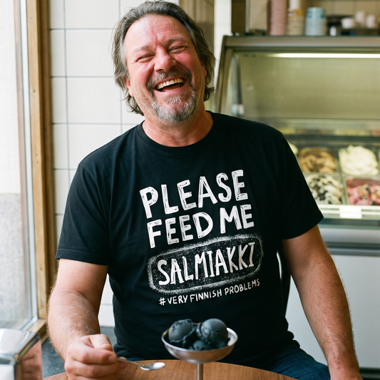 Please Feed Me Salmiakki t-shirt in black, worn by Jojelli laughing over a dish of black salmiakki ice cream in a Helsinki cafe, Very Finnish Problems
