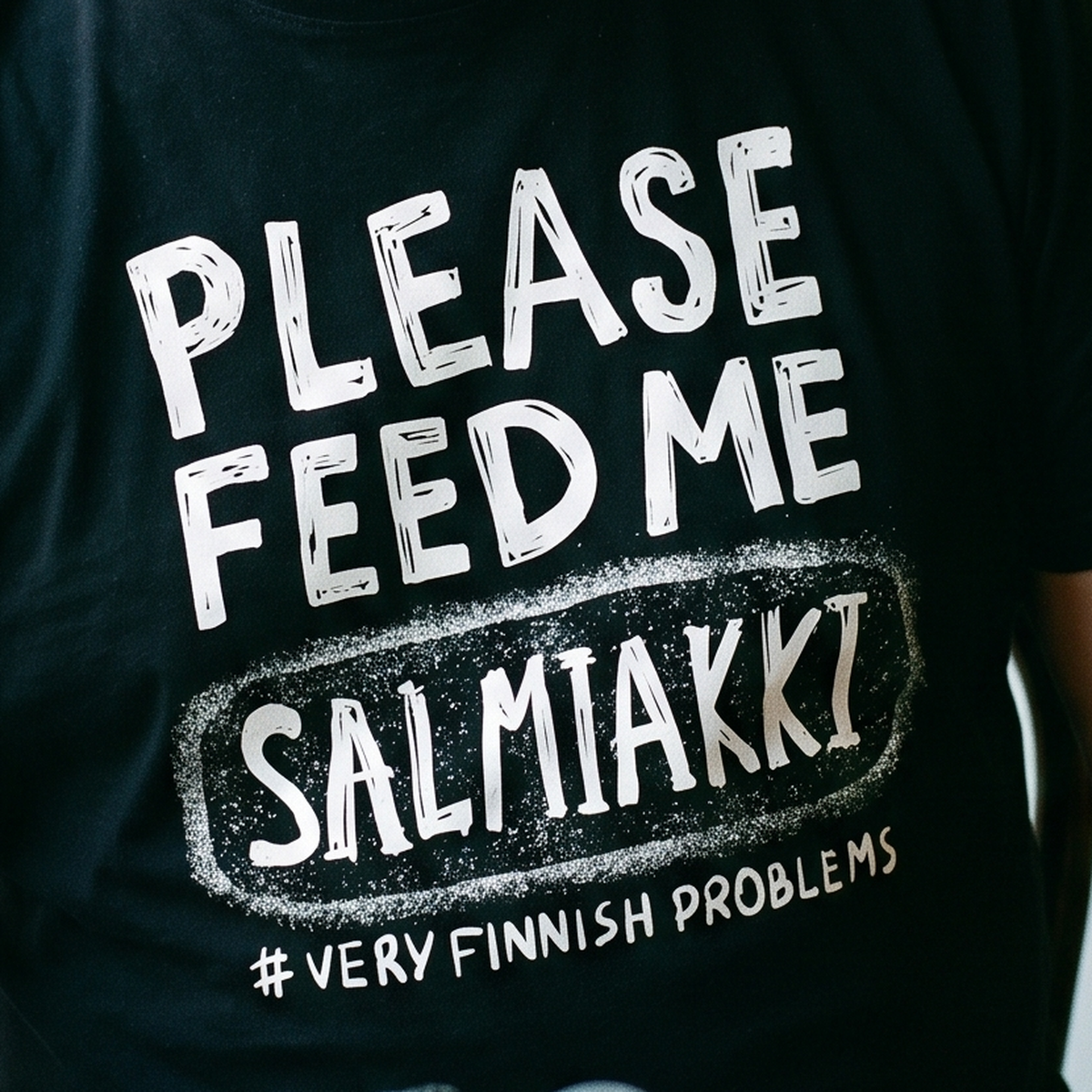Close-up of the Please Feed Me Salmiakki print on black cotton, Very Finnish Problems