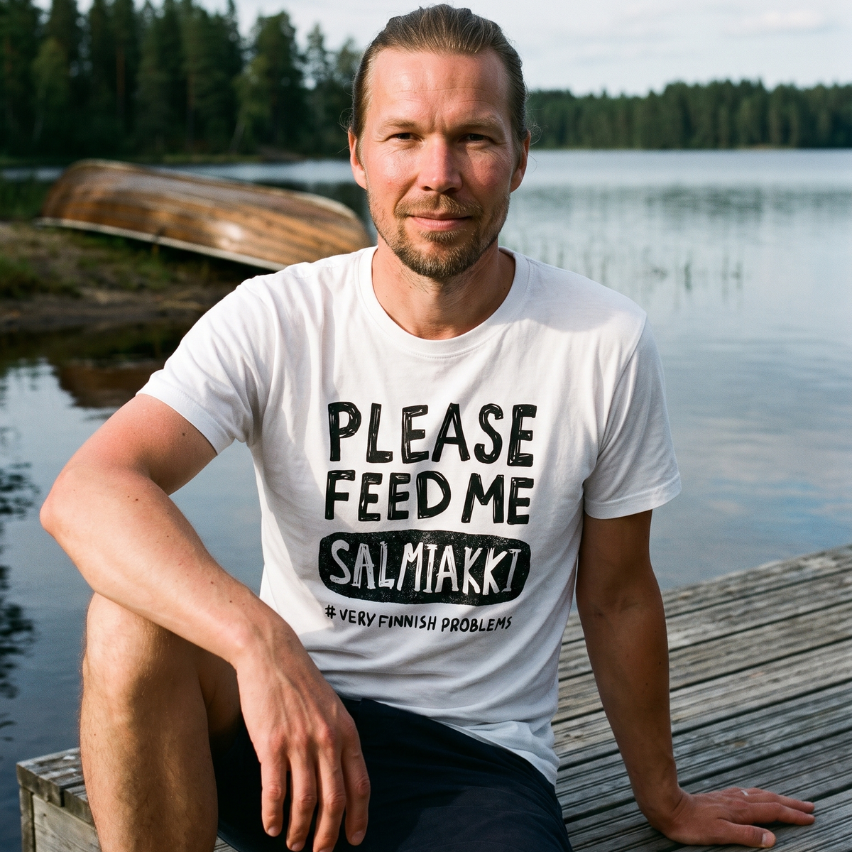 Please Feed Me Salmiakki t-shirt in white, worn by Joonas sitting on a lake jetty in summer, Very Finnish Problems