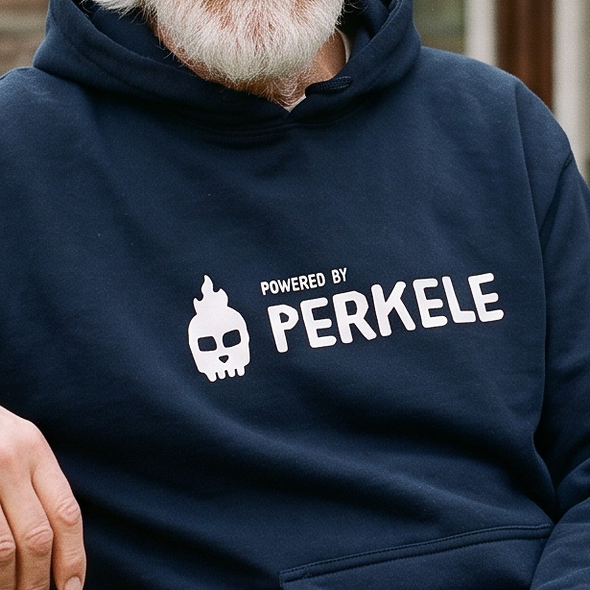 Close-up of the print on the navy Powered by Perkele hoodie, Very Finnish Problems