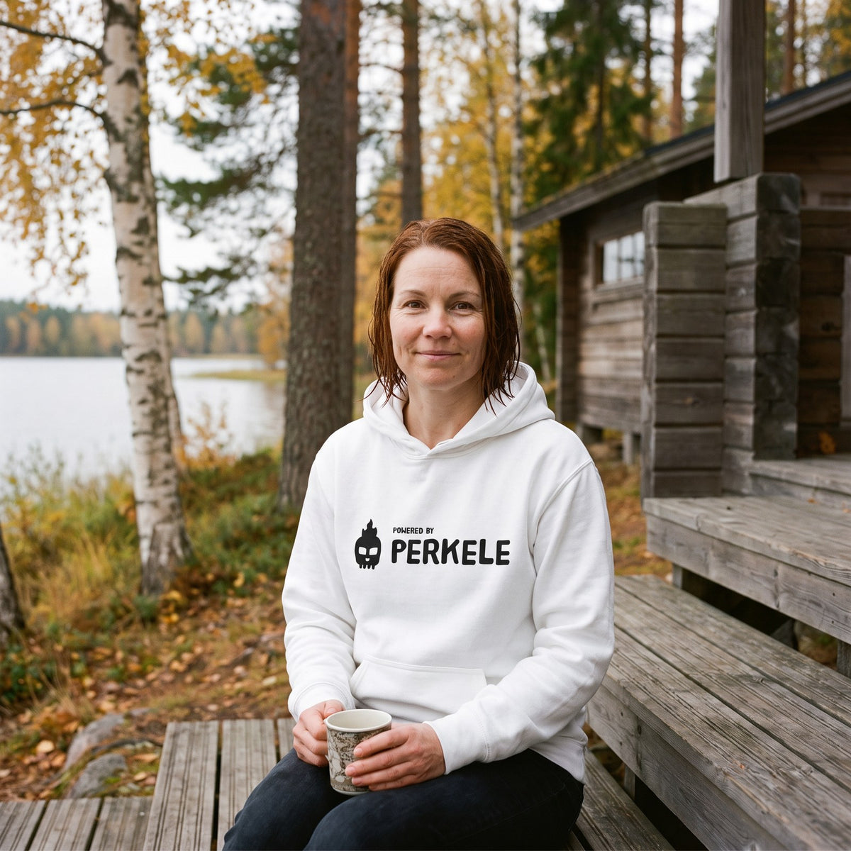 Powered by Perkele hoodie in white, worn by Sanna on lakeside sauna steps, Very Finnish Problems