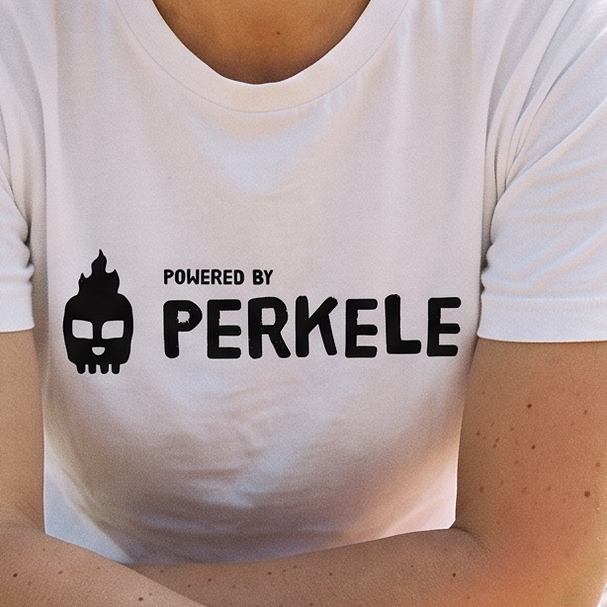 Close-up of the print on the white Powered by Perkele organic t-shirt, Very Finnish Problems
