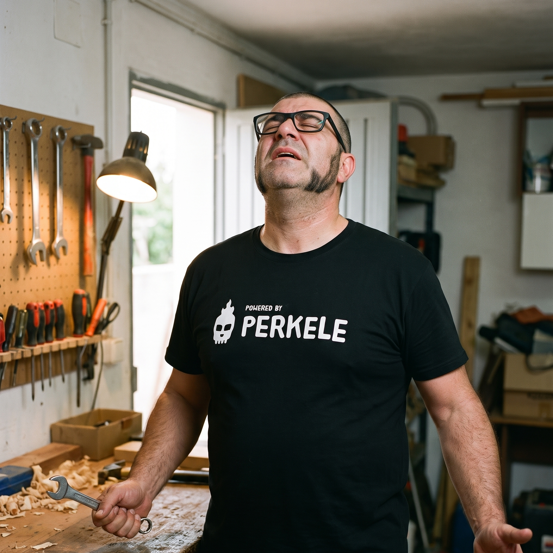 Powered by perkele t-shirt in black, worn by Jaska swearing at a seized bolt in his workshop, Very Finnish Problems