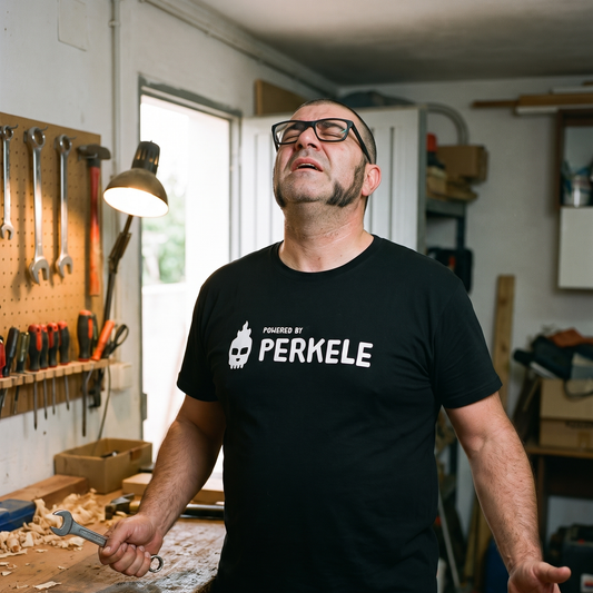 Powered by perkele t-shirt in black, worn by Jaska swearing at a seized bolt in his workshop, Very Finnish Problems