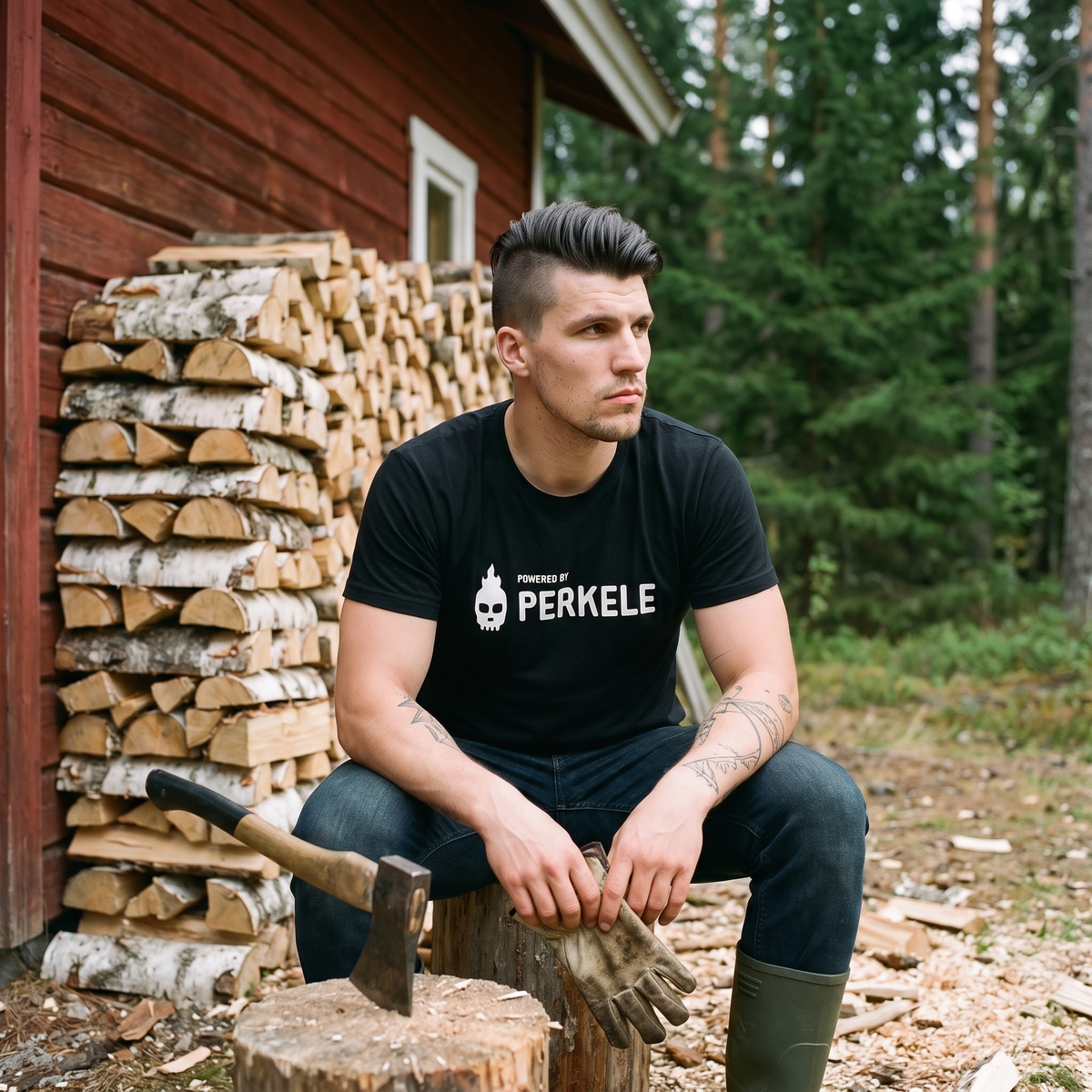 Powered by perkele Finnish language t-shirt in black, worn by Eetu by a Finnish woodpile, Very Finnish Problems