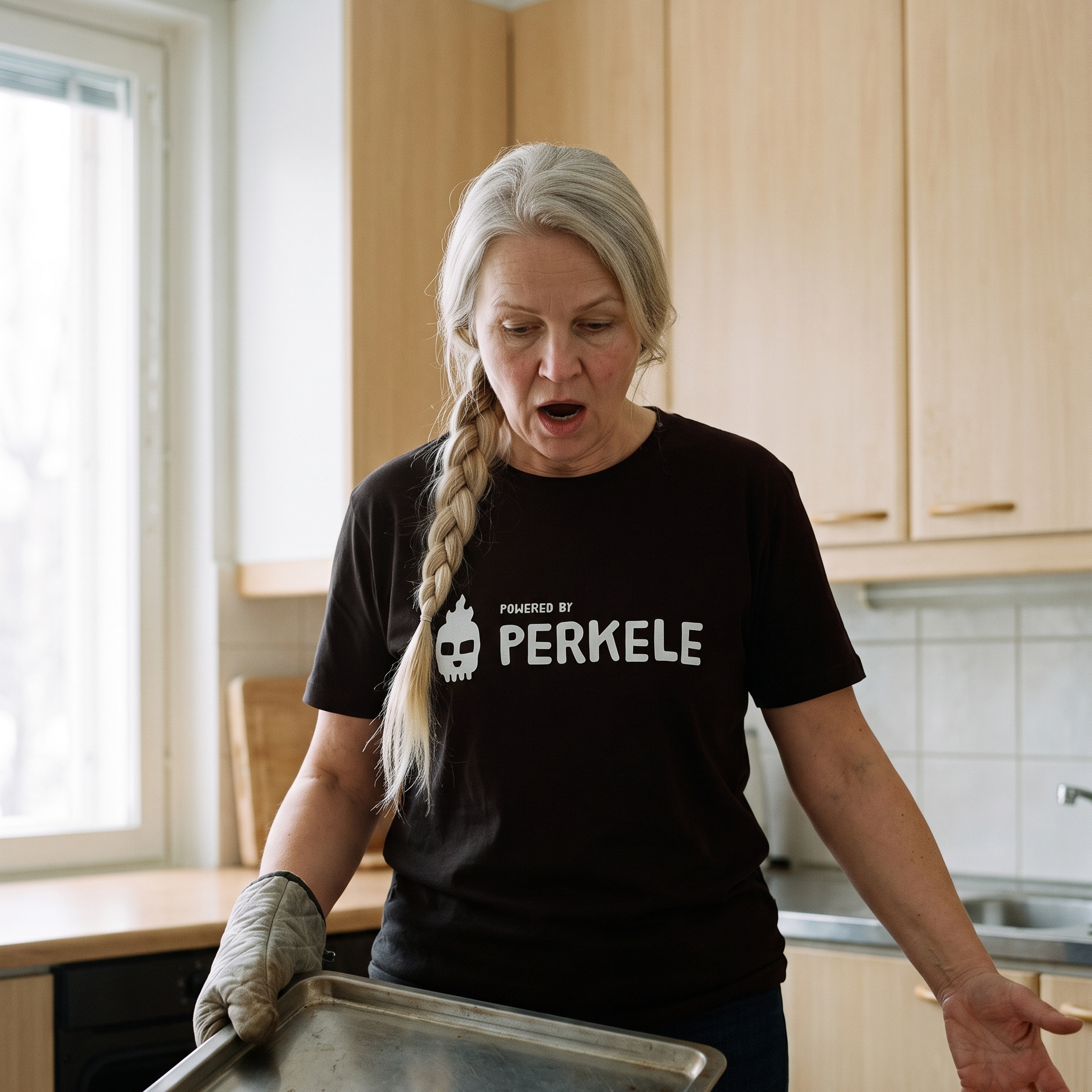 Powered by perkele t-shirt in oxblood black, worn by Anneli after dropping a baking tray in the kitchen, Very Finnish Problems