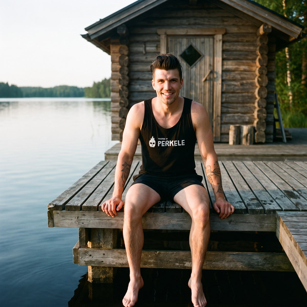 Powered by Perkele tank top in black, worn by Eetu on a lakeside sauna jetty, Very Finnish Problems