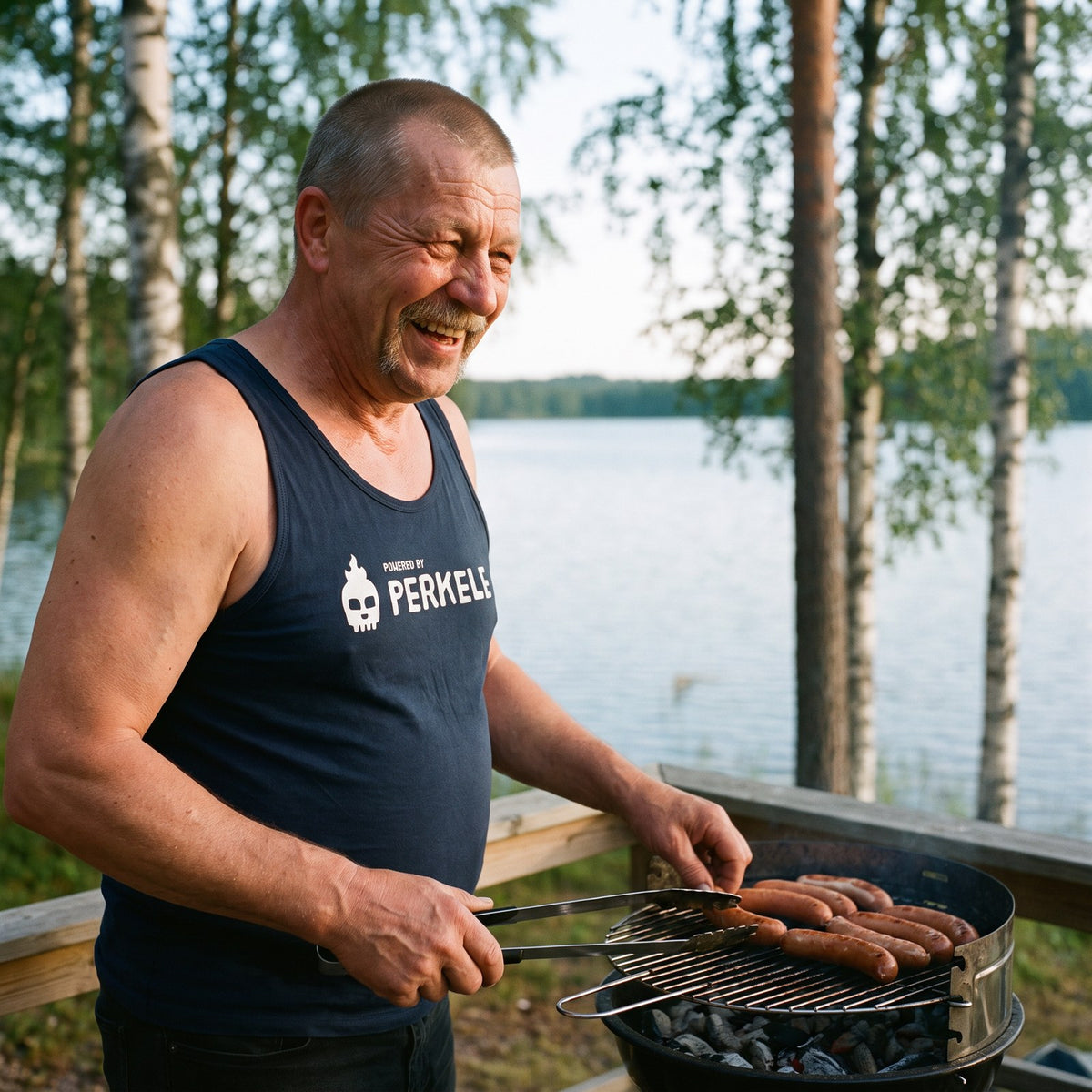 Powered by Perkele tank top in navy, worn by Juha at a cottage grill, Very Finnish Problems