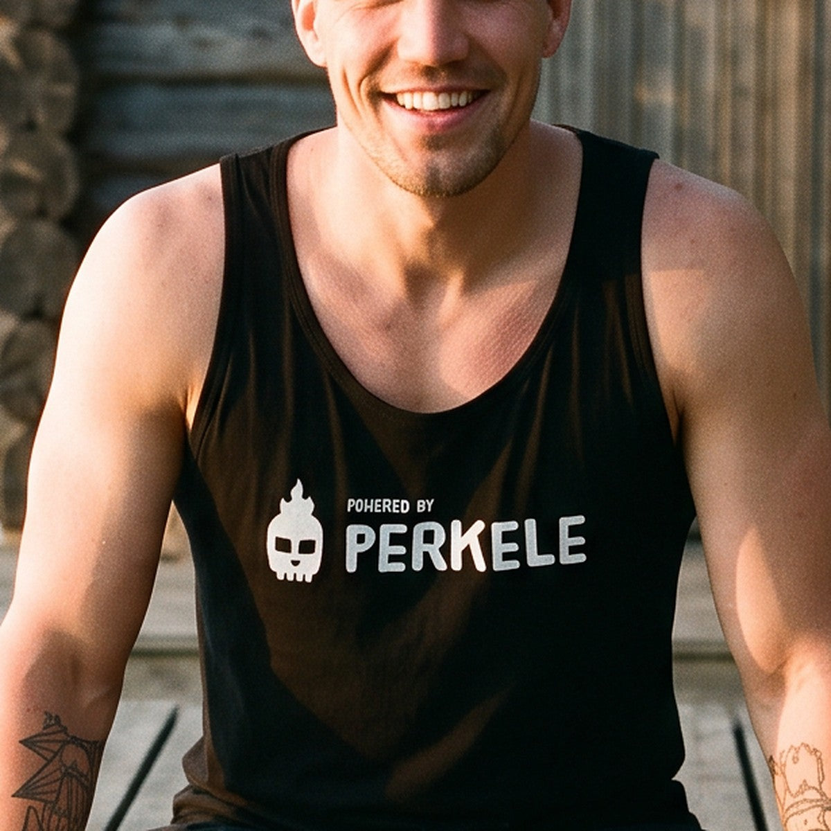 Close-up of the print on the black Powered by Perkele tank top, Very Finnish Problems