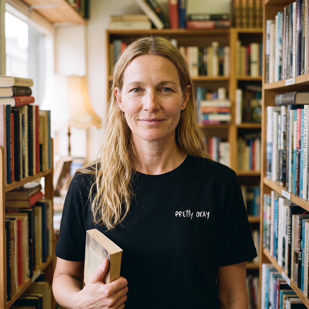 Pretty okay embroidered Finnish organic t-shirt in black, worn by Elina in a second-hand book shop, Very Finnish Problems