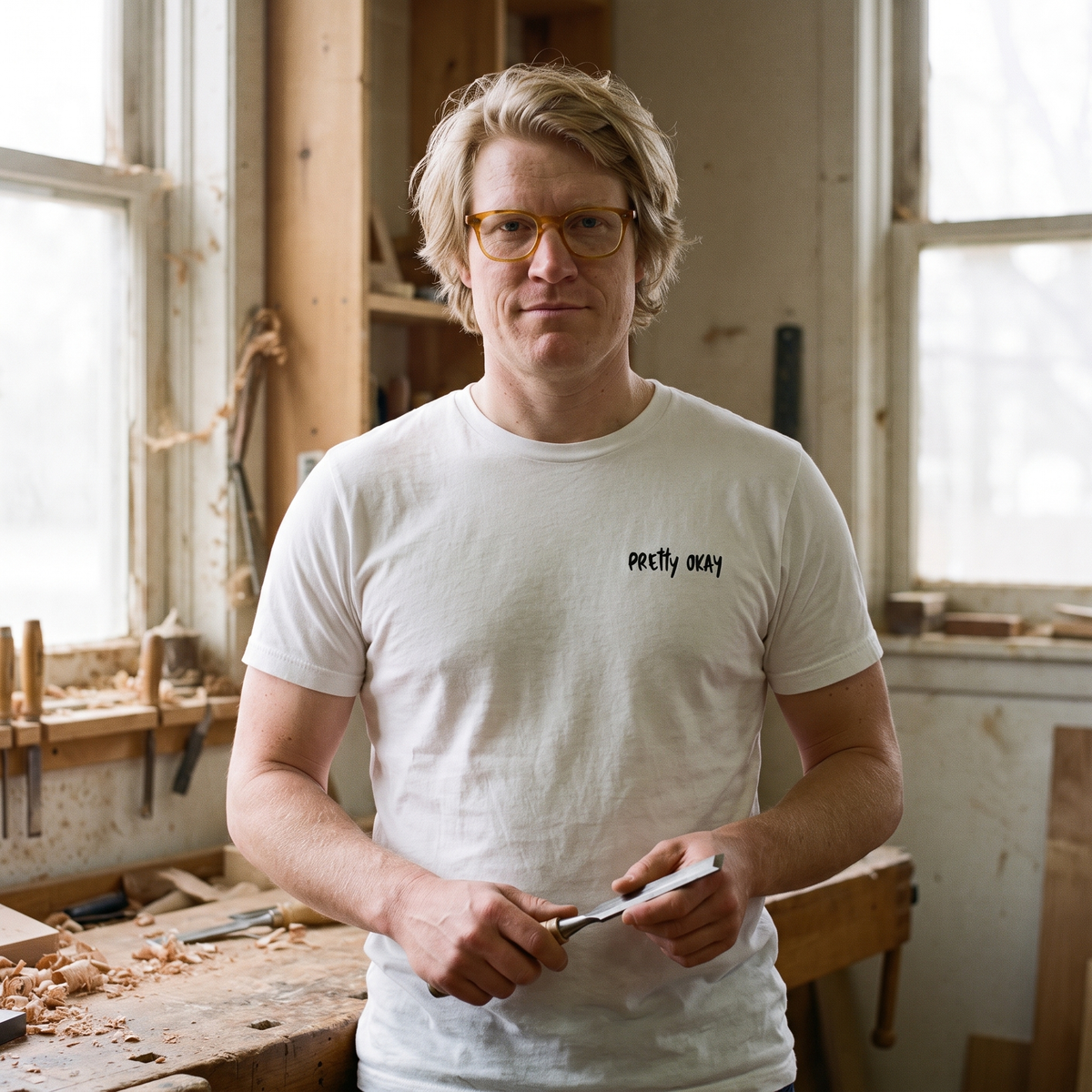 Pretty okay embroidered Finnish organic t-shirt in white, worn by Tuomas at a workbench, Very Finnish Problems