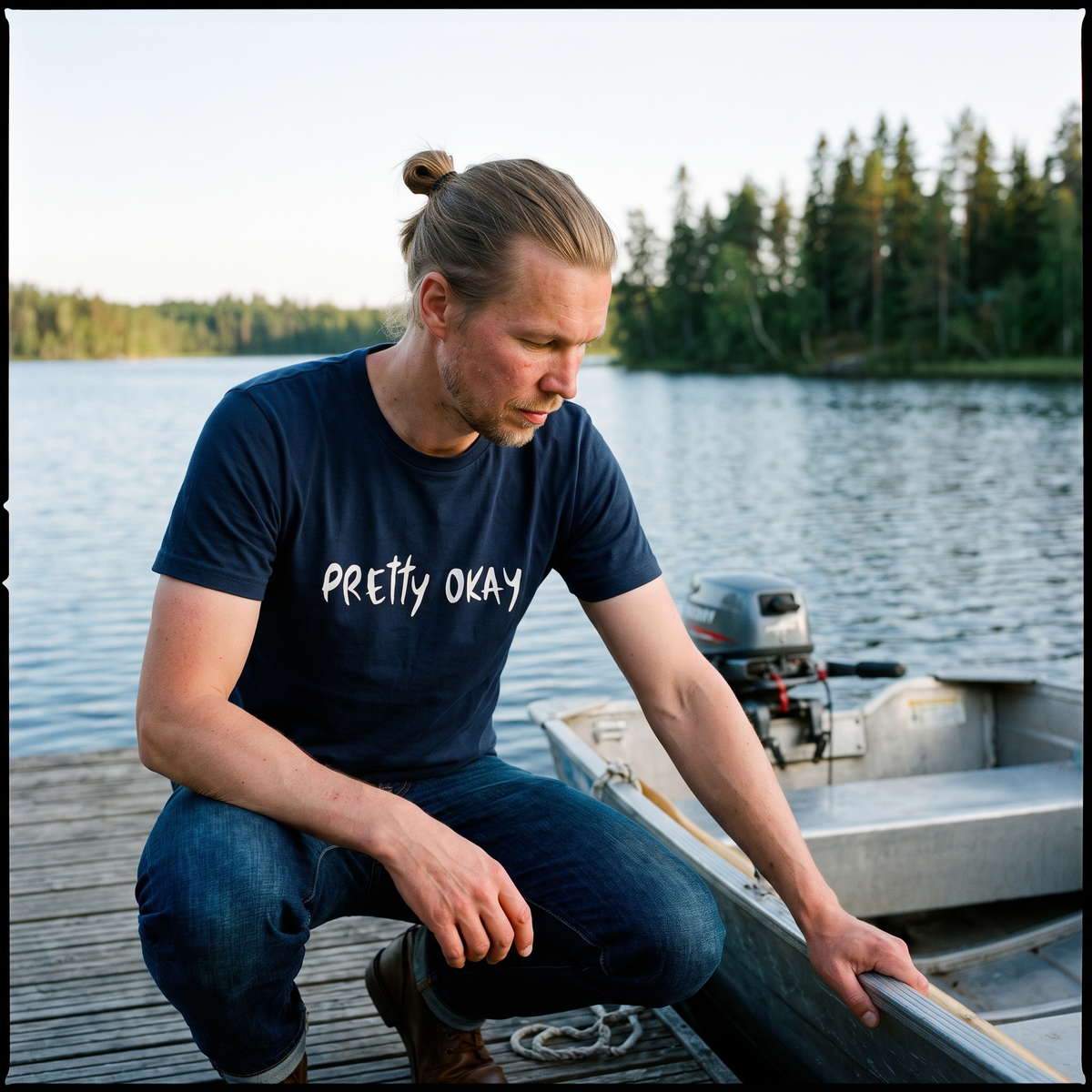 Pretty Okay t-shirt in navy, worn by a man at a lake jetty, Very Finnish Problems