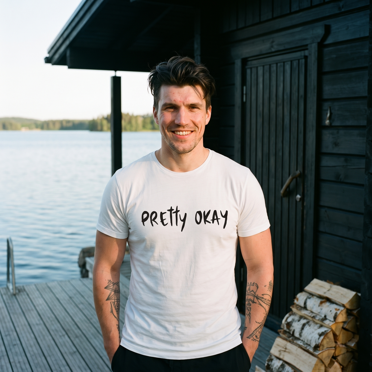 Pretty Okay t-shirt in white, worn by a man on a sauna deck, Very Finnish Problems