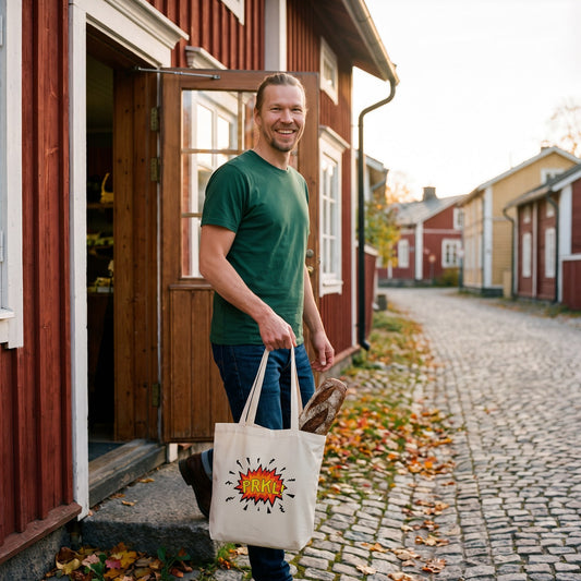 PRKL Bang eco tote bag in oyster, carried by Joonas out of a village bakery, Very Finnish Problems