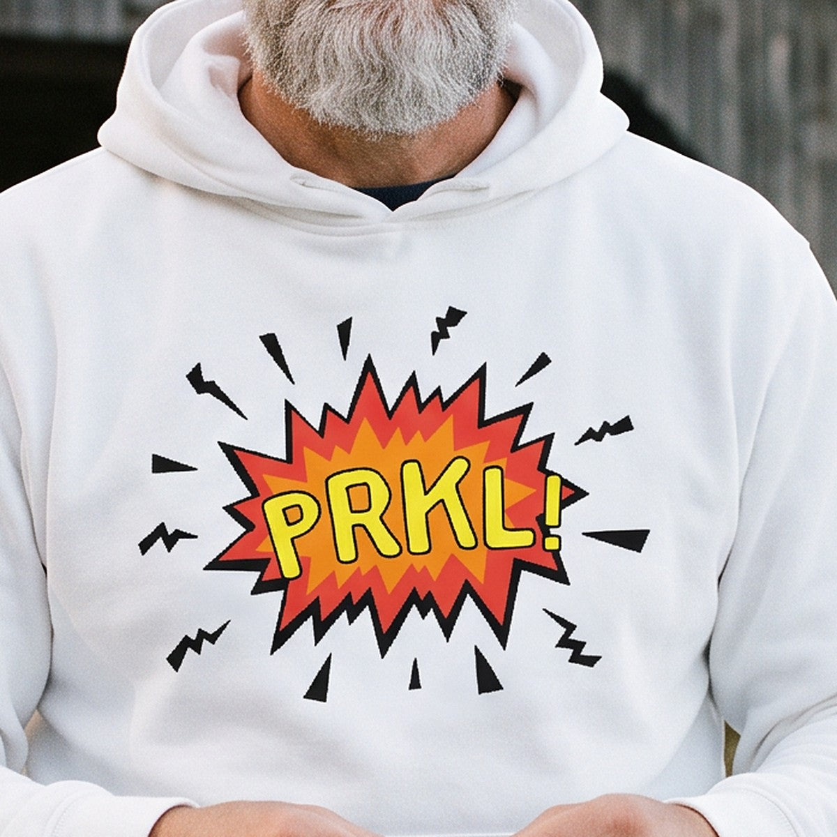 Close-up of the print on the white PRKL Bang hoodie, Very Finnish Problems