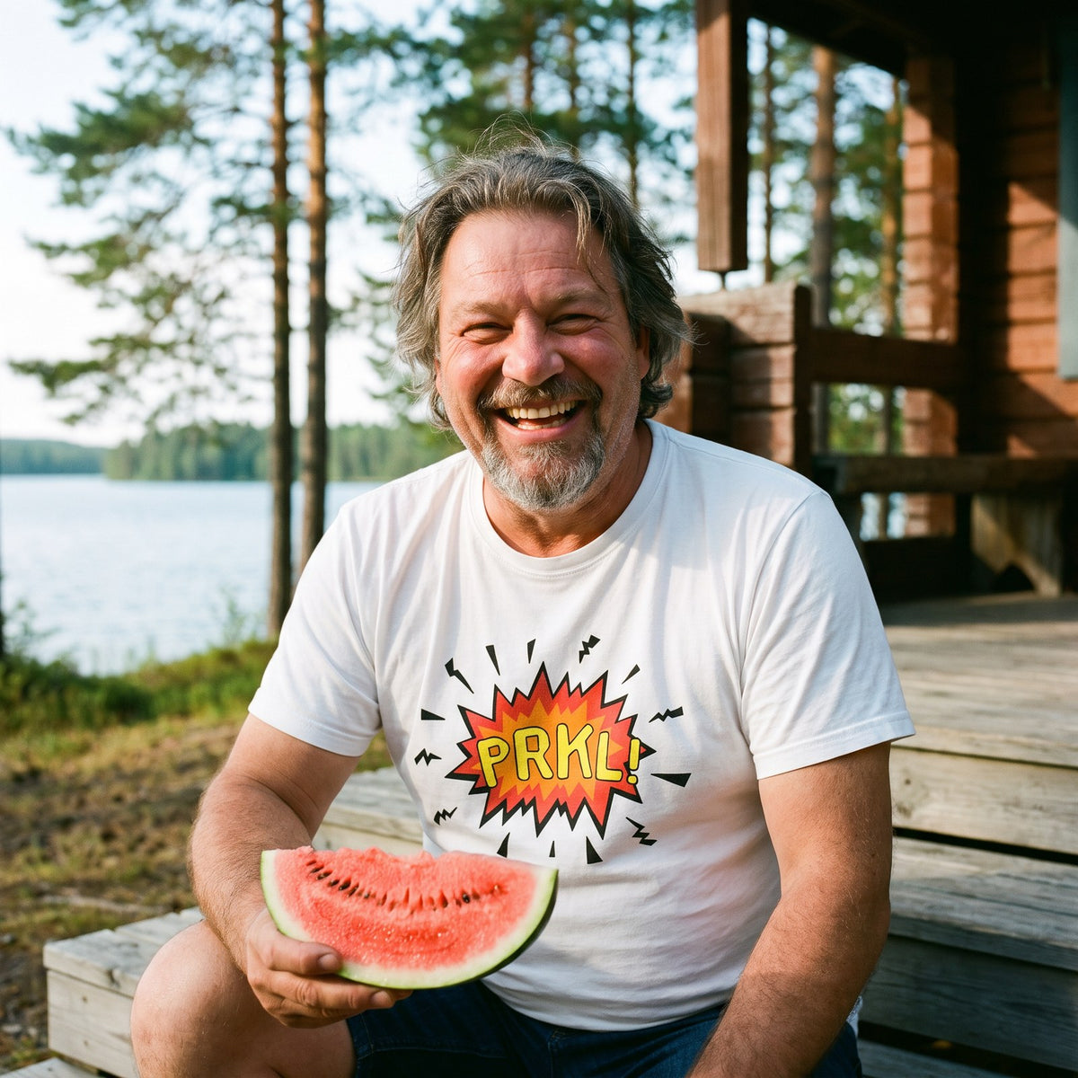 PRKL Bang organic t-shirt in white, worn by Jojelli eating watermelon on cottage steps, Very Finnish Problems