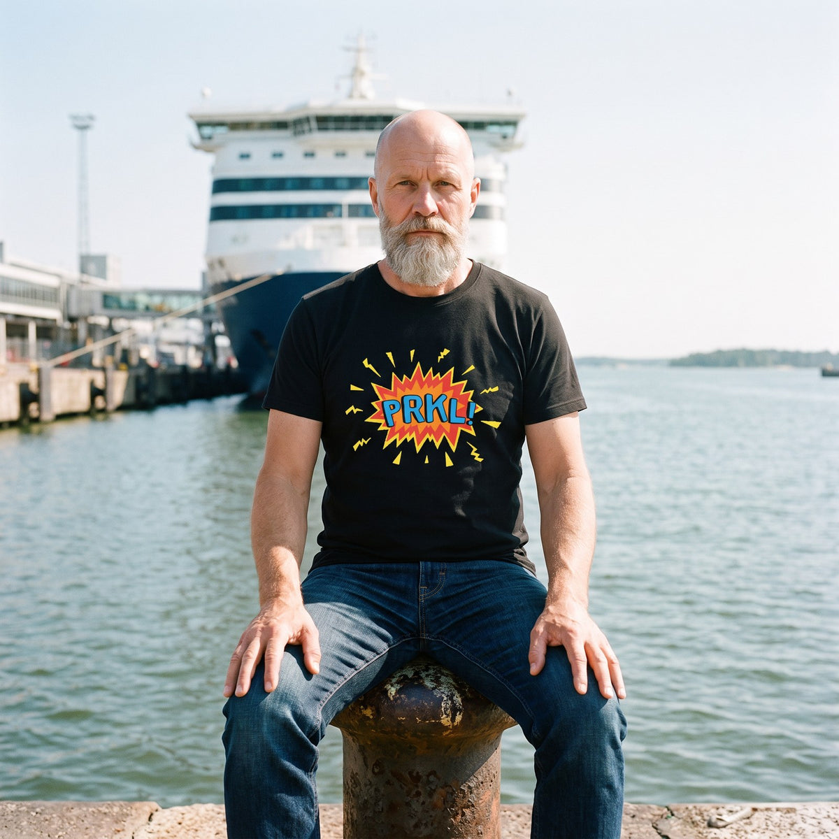 PRKL Bang t-shirt in black, worn by Mikko on a Helsinki ferry quay, Very Finnish Problems