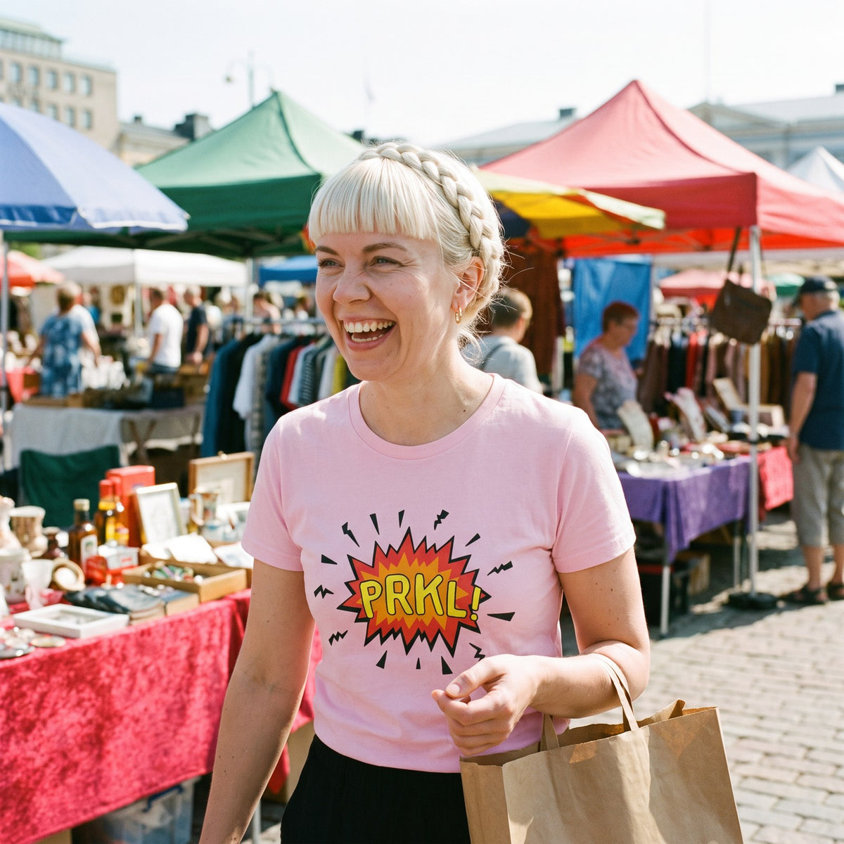PRKL Bang t-shirt in pink, worn by Venla at a Helsinki flea market, Very Finnish Problems