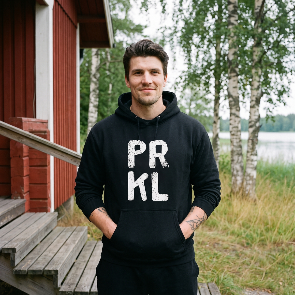 PRKL Finnish language hoodie in black, worn by Eetu outside a red summer cottage, Very Finnish Problems
