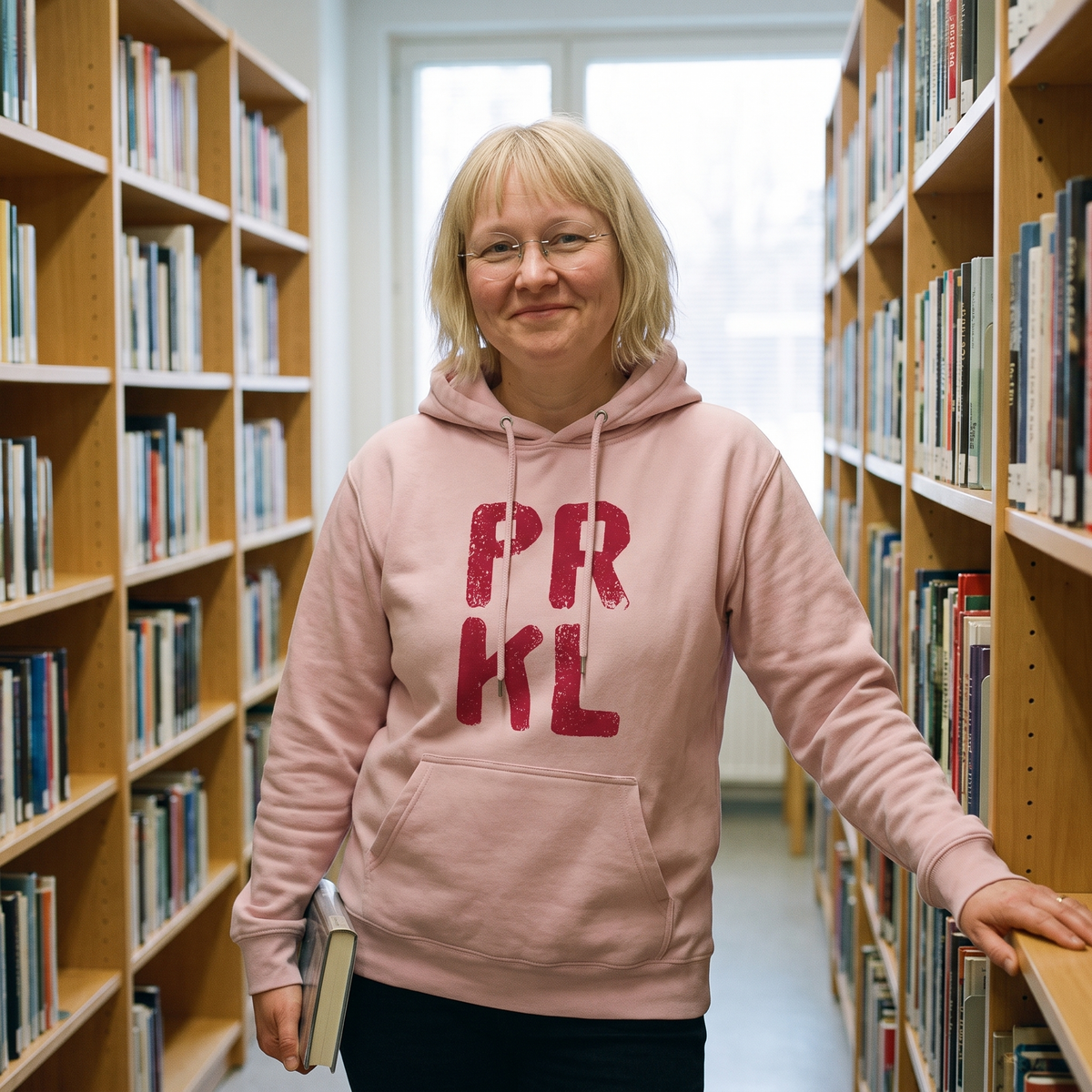 PRKL Finnish language hoodie in light pink, worn by Marika between library shelves, Very Finnish Problems