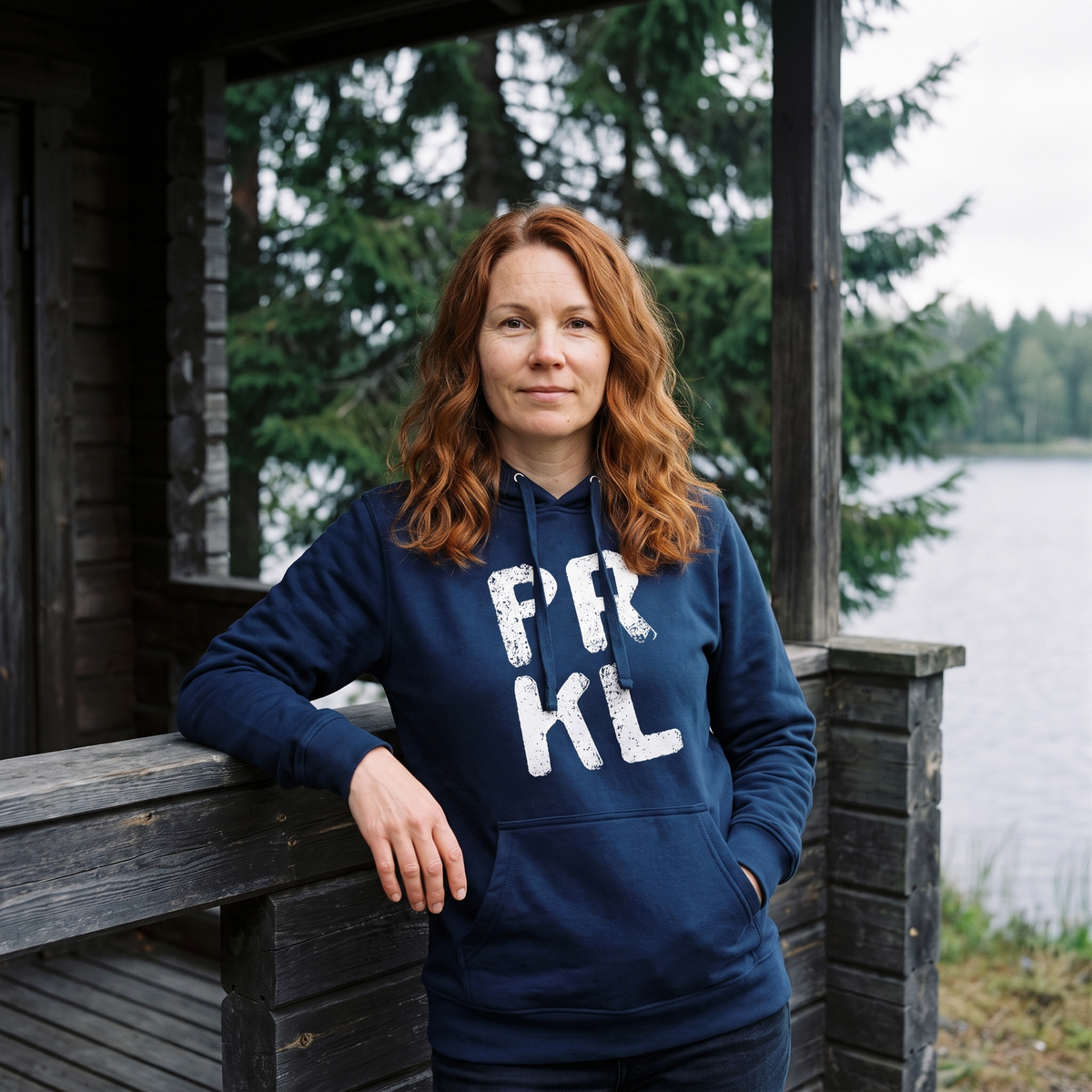 PRKL Finnish language hoodie in navy, worn by Sanna on a cottage porch, Very Finnish Problems