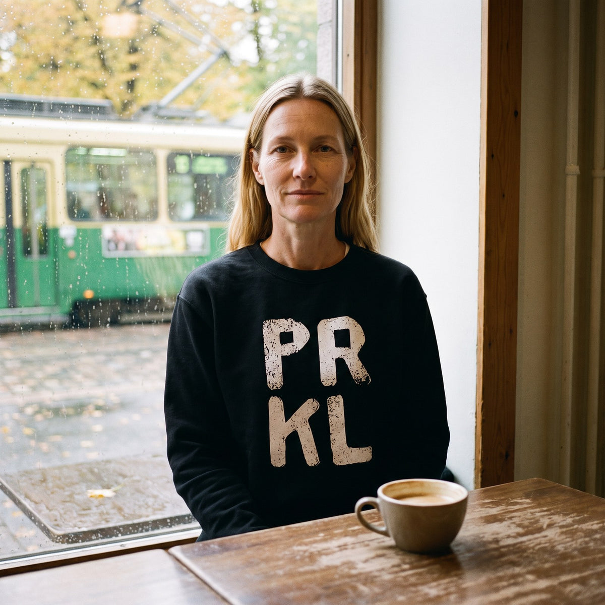 PRKL sweatshirt in black, worn by Elina at a Helsinki cafe window, Very Finnish Problems